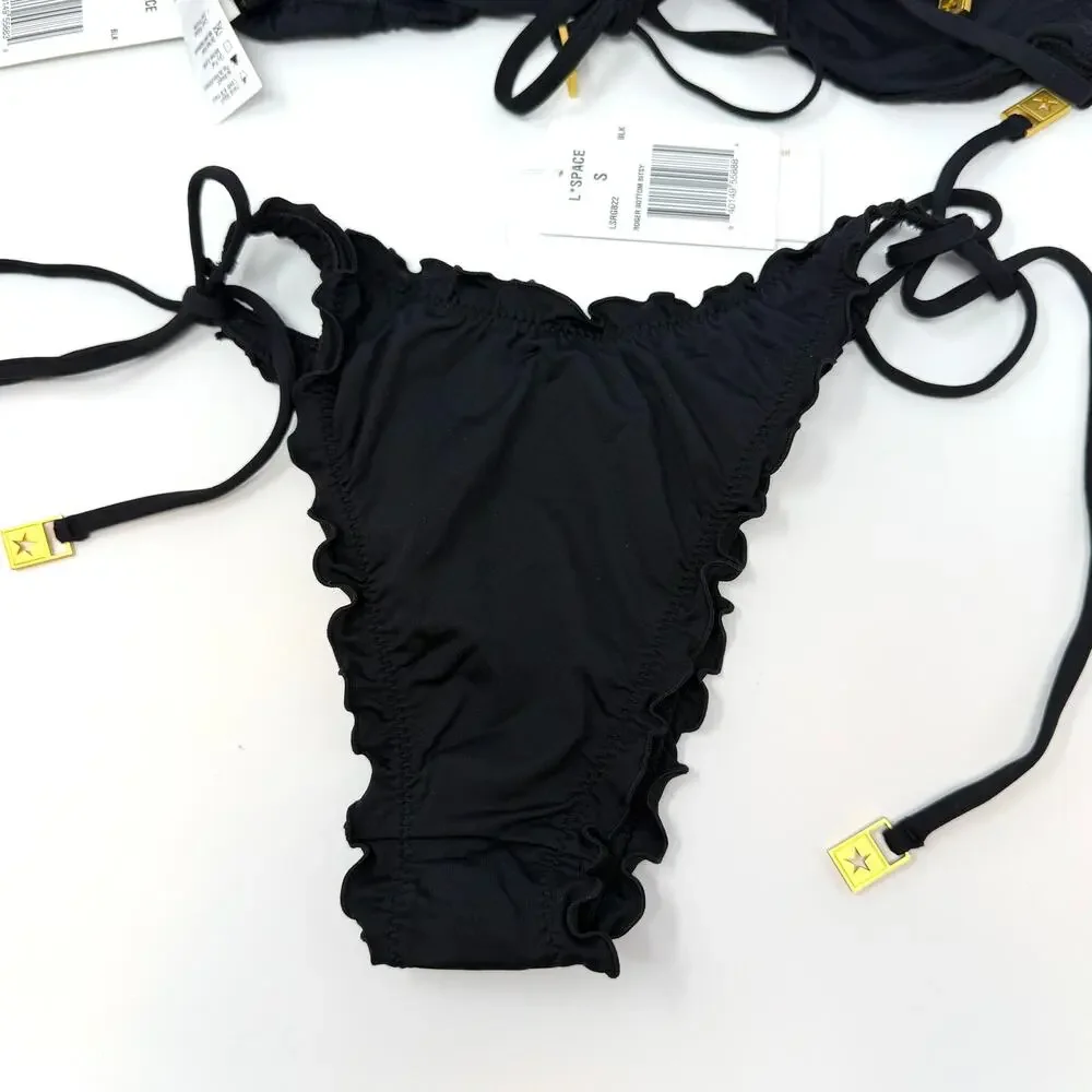L*SPACE Maggie Roger Ruffled Gold Star Hardware Bikini Set Black Size Small New